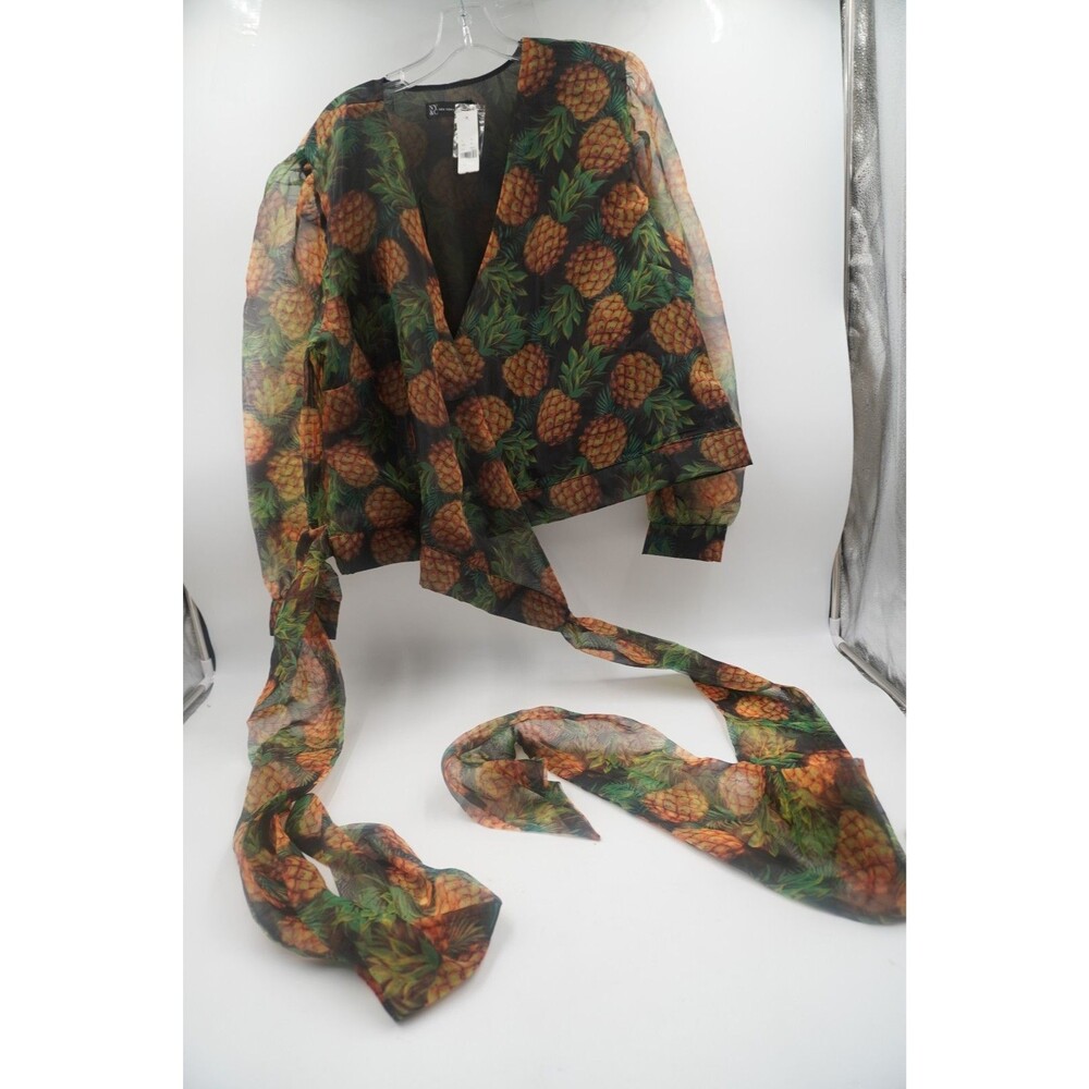NWT NY& C Pineapple Print Wrap Tropical Blouse Organza V-Neck Puff Sleeve Sz XXL